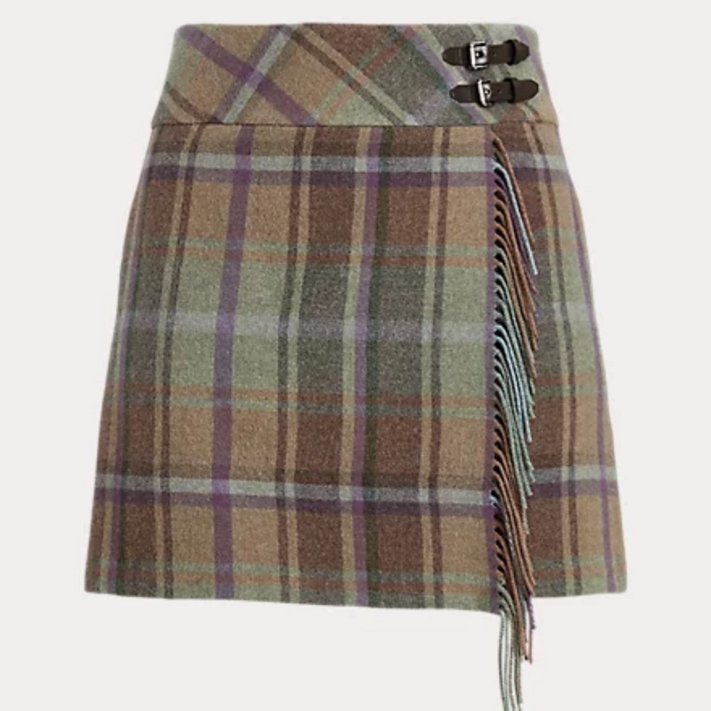 NWT Lauren Ralph Lauren Plaid Fringe-Trim Tweed Miniskirt
